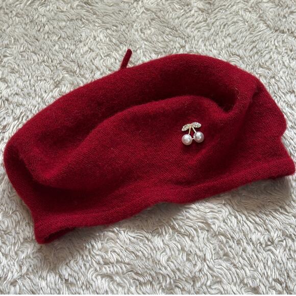 Cute Red Wool Beret with Cherry Rhinestone Pin Chic Fall Winter - Picture 1 of 7